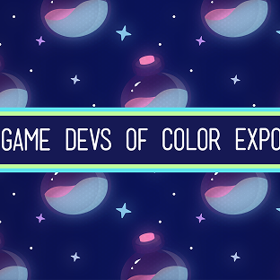 'GAME DEVS OF COLOR EXPO' logo in a teal and yellow banner on a dark blue background with potion bottles and stars.