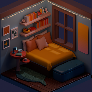 A 3D rendered isometric view of a bedroom